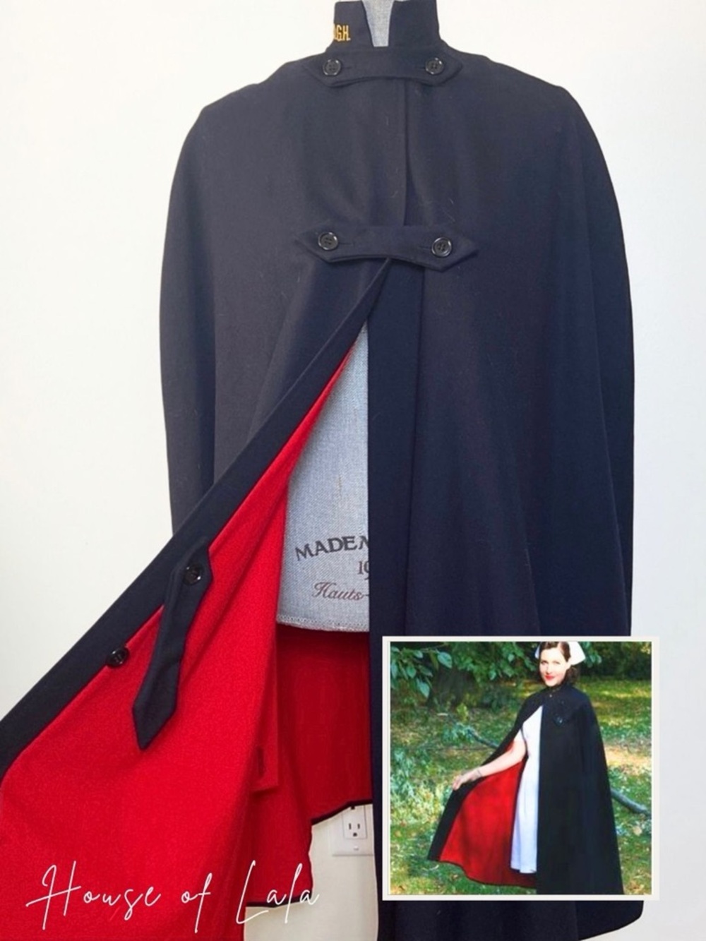 Vintage Wool Nurse Cape Navy Red Lining Rare Statement